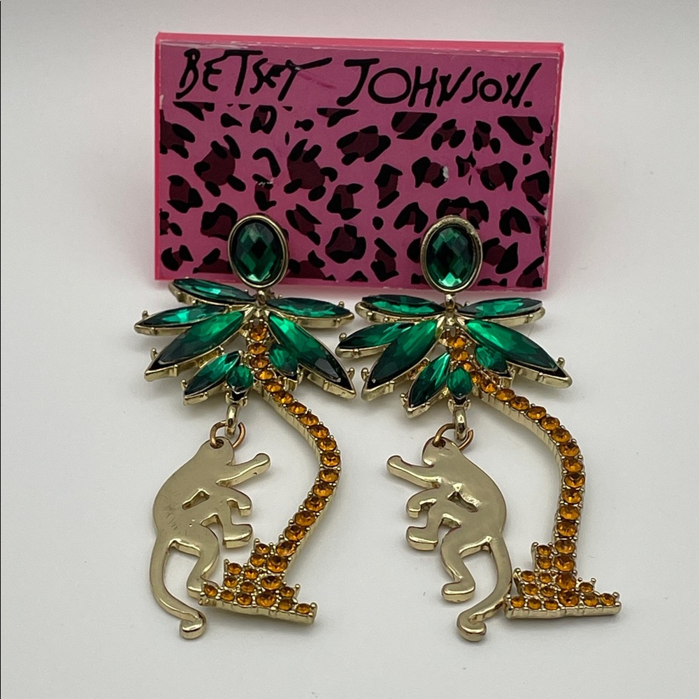 Betsey Johnson Green and Gold Palm Tree Monkey Earrings